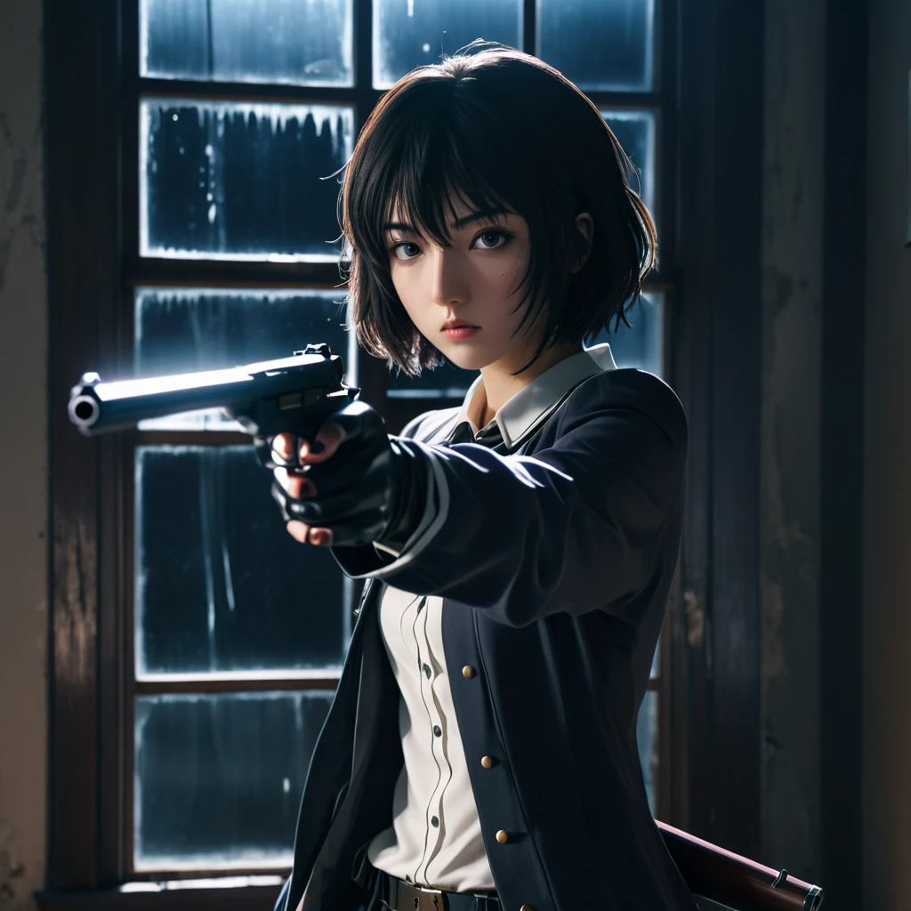 anime girl holding a gun in a room with a broken window, anime. Soft lighting, anime shot, female action anime girl, badass anime 8 k, Boogiepop Phantom, fubuki, anime style 4 k, anime style mixed with fujifilm, inspired by Kaburagi Kiyokata, photorealistic anime, With a pistol, anime lighting