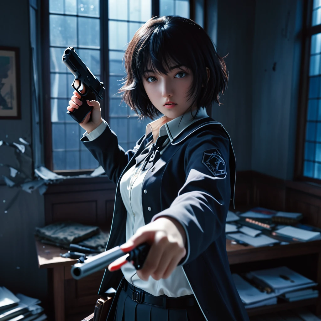 anime girl holding a gun in a room with a broken window, anime. Soft lighting, anime shot, female action anime girl, badass anime 8 k, Boogiepop Phantom, fubuki, anime style 4 k, anime style mixed with fujifilm, inspired by Kaburagi Kiyokata, photorealistic anime, With a pistol, anime lighting