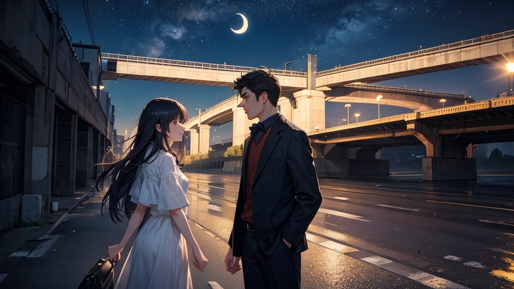 Under the majestic night sky with the moon hanging above, a man and a woman meet beneath the highway overpass