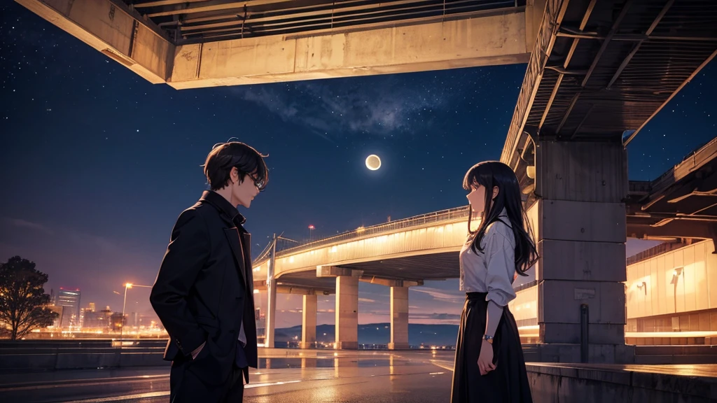 Under the majestic night sky with the moon hanging above, a man and a woman meet beneath the highway overpass