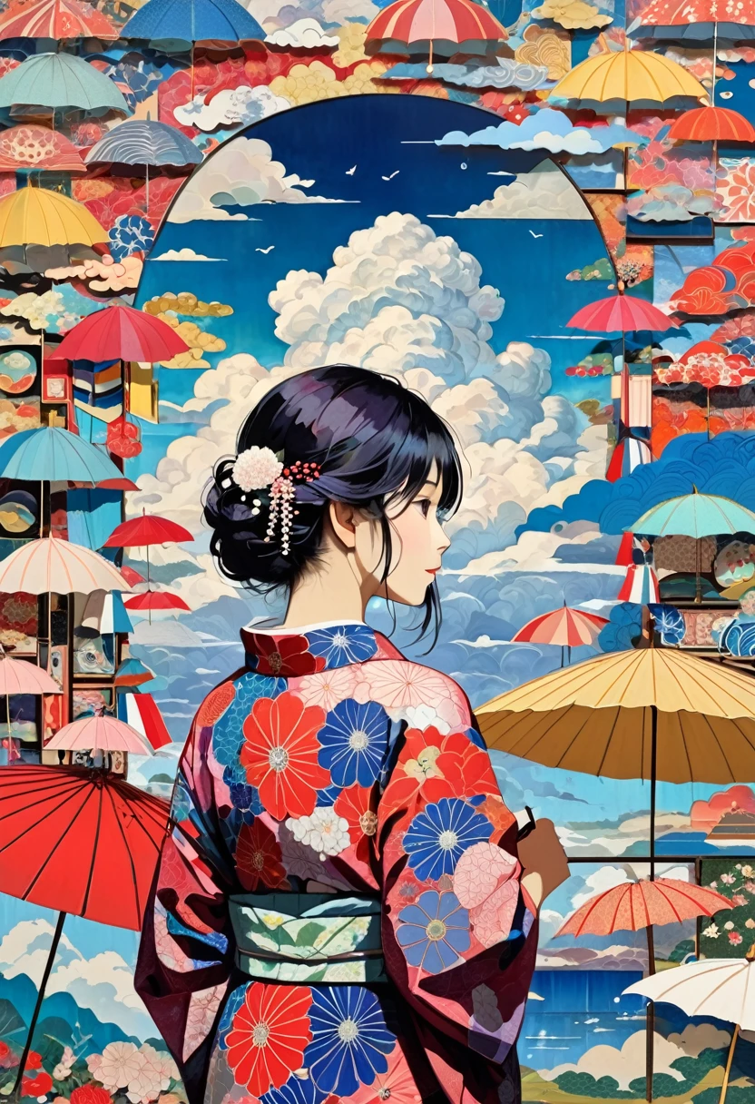 (masterpiece, best quality),
woodblock print collage depicting,american girl,back view,she is surrounded by various raindrop and Parasol symbols,detailed face,yukata,natsumatsuri, cumulonimbus cloud,colorful, collage art, contemporary artistic collage, shade,