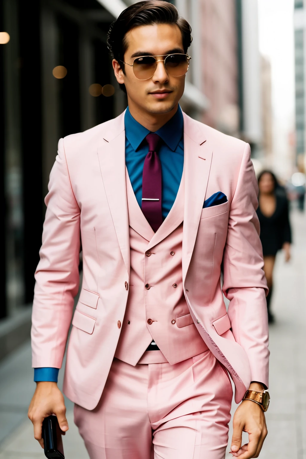 A man in lite pink suit with watch and holding a iphone in hand.
