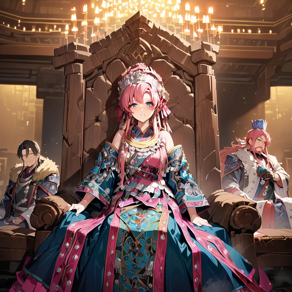 ((Highest quality)), ((masterpiece)), (detailed), （Perfect Face）、The woman is Lacus Clyne, with blue eyes, semi-long pink hair, and is wearing a gorgeous national costume and a gorgeous headdress.、She is seated on a magnificent throne next to her husband, the dignified, bearded, middle-aged emperor.