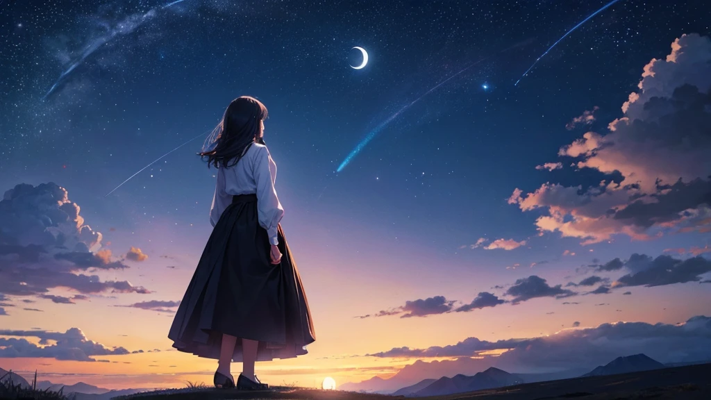 The majestic night sky with the moon hanging above. A woman stands with her back to us, gazing up at the night sky.