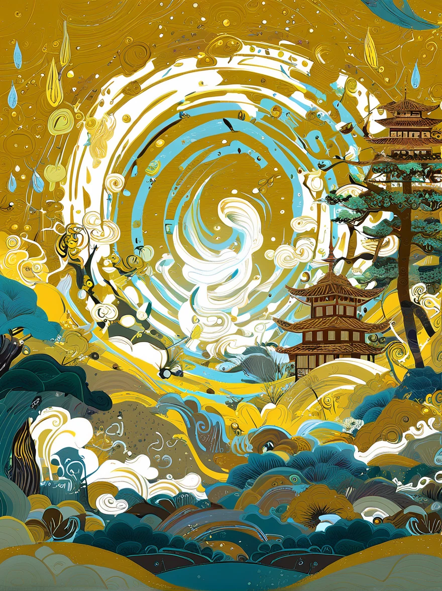 (n style of Wu Guanzhong:1.9),（close up：1.8），Ancient Forest，White-haired Taoist，漂浮的lotus石，Meditate cross-legged，Cyan robe，Gold moire，Ancient Characters，Rotating halo，Golden beams of light in the sky，A sacred breath，forest creatures，peaceful，Sandalwood scent，Mountain stream sound，Mysterious scene，Yin and Yang symbols，I Ching Hexagrams，Rolling mist，lotus，peaceful的氛围，peaceful的自然场景，（Best quality，8k，high resolution，masterpiece），Super detailed，Concept Art，Intricate details，Ambient Lighting，Cinema Effect，Vibrant colors