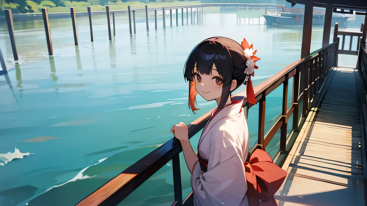 summer, kimono, smile,Japanese Girl, on the bridge