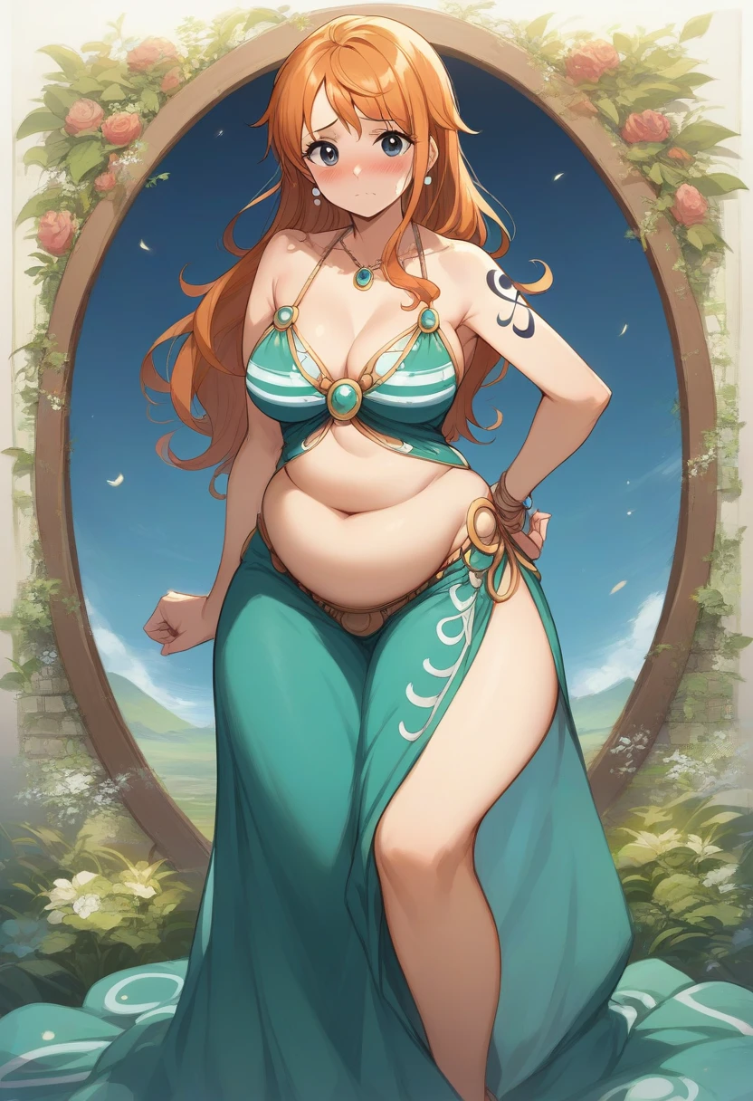((Masterpiece)), perfect anatomy, perfect shading, field of depth, (best quality), extremely delicate and beautiful, perfect lighting, detailed face, ultra cute face, cute, (cowboy shot 1.2), full body, (((1girl))), ((solo)), looking at viewer,
Nami, orange hair, blue eyes, ((blush)), (red cheeks), shy, nervous (red long dress 1.5), extremely tight clothes, ((a bit chubby)), ((a bit chubby belly bottom)), (sexy), big deep navel, fat rolls, medium breasts, ((wide hips)), (((thick thighs))), ((curvy))
intricate background, detailed background, hand on hip