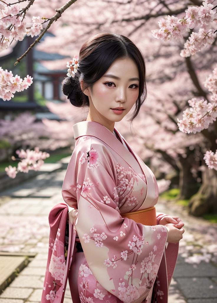 a beautiful japanese woman in a kimono standing under a cherry blossom tree,1girl,detailed facial features,beautiful eyes,beautiful lips,long eyelashes,intricate kimono design,cherry blossoms,detailed background scenery,soft lighting,muted color palette,cinematic composition,highly detailed,photorealistic,digital art,masterpiece