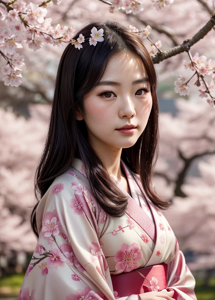 a beautiful japanese woman in a kimono standing under a cherry blossom tree,1girl,detailed facial features,beautiful eyes,beautiful lips,long eyelashes,intricate kimono design,cherry blossoms,detailed background scenery,soft lighting,muted color palette,cinematic composition,highly detailed,photorealistic,digital art,masterpiece
