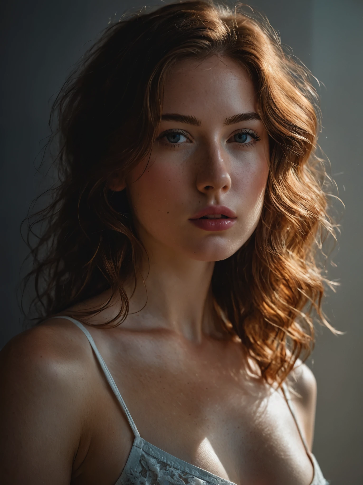 (((ultra realistic))) Photo, masterpiece, top quality, (Pale skin), (Ultra detailed face and eyes.:1.3), 1 girl, adult, without a shirt, (eye makeup, face mask) , ((big detailed lips)), ((pink wavy fur)), ((Chiolka)) , (natural breasts), Thin waist. ((Posing)), Photoshoot, studio (soft lighting), (The game of lights and shadows), depth of field, bokeh, (Special attention to leather details..: 1.2), detailed leather texture, skin pores. (Warm frame environment.. Color range - black, purple, rosa, blue tones), DR, ((film grain)), ((good heavens)), ((sun glare)), ((portrait from the waist up, close to the camera)) , ultra detialed,