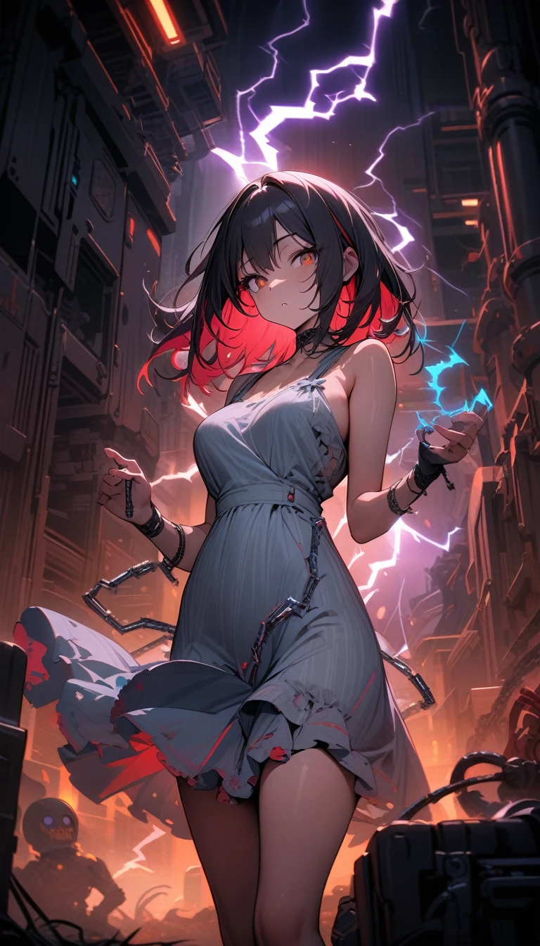 ((best quality)) , ((masterpiece)) , (detailed)，Color splash, Ghostly Astronaut (Li Gong:1.3) , wearing Shabby Chic Wrap dress, has metallic plating, Colored hair, Fossil fuel power station in background,(detailed light), ((lightning in hand)),lightning surrounds,(((lightning chain)))