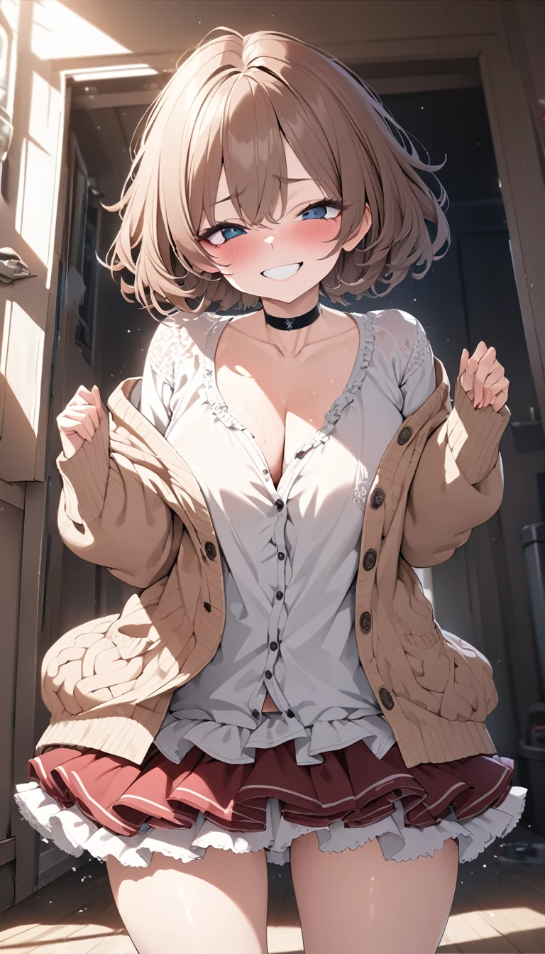 beautiful woman, cool and sadistic, amorous and ???? face, evil smile, teasing smile, grin, ???? smile, big tareme, droopy eyes, huge mouth, make-up, messy short hair, great proportion, loose size cardigan, ruffle skirt, choker, (ultra detailed, absolutely resolution, best quality:1.3), 2.5D, delicate and dynamic, shading effects, hyper realistic, artistic photography, graphic CG digital art