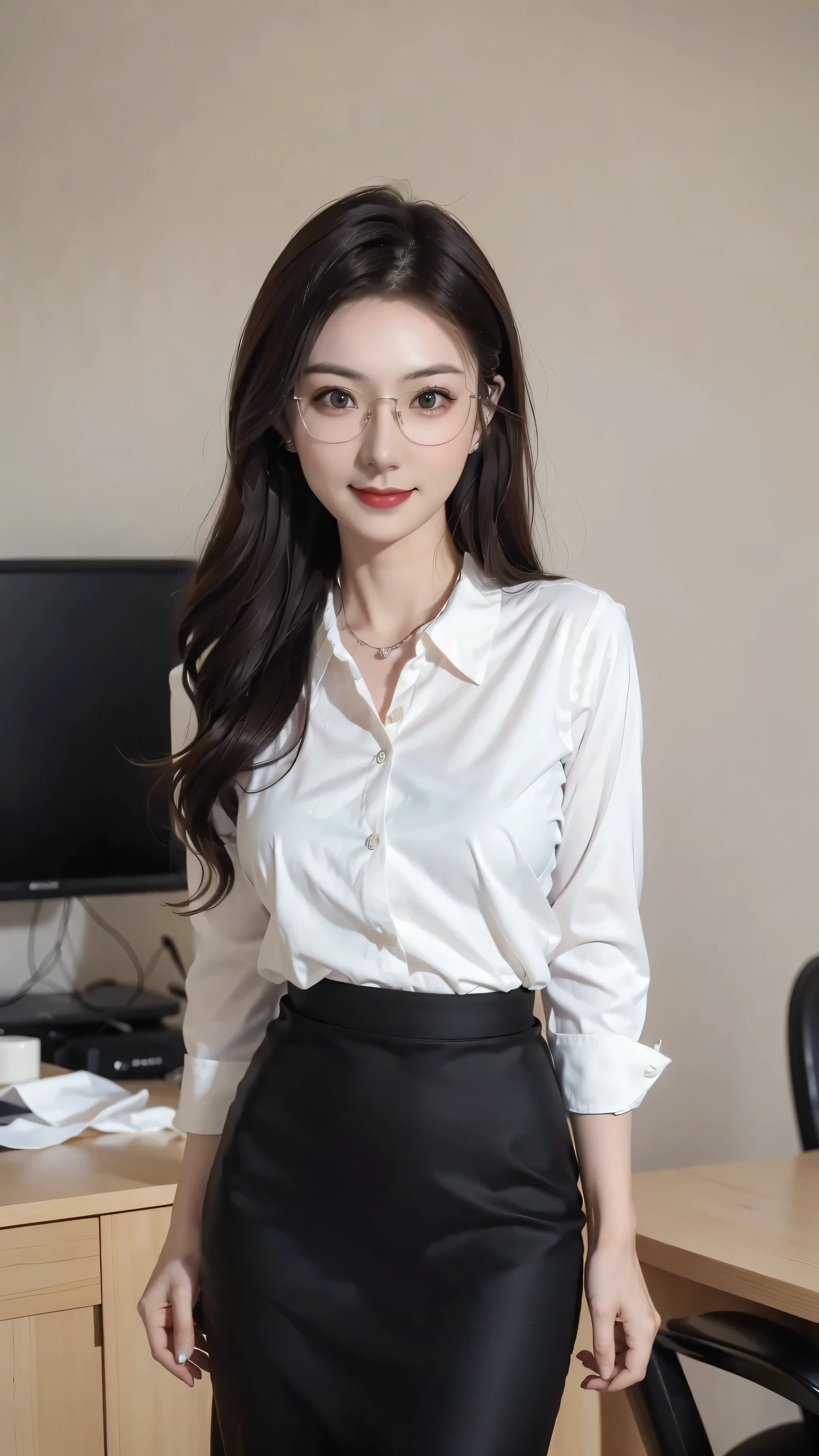 ((Realistic photo, Best quality, 8K, Masterpiece: 1.3)), (raw photo:1.2), Hyperrealist portrait gorgeous Beautiful Chinese girl, 20 years old, Perfect Figure, pretty slender body, (beautiful breasts: 1.2), very detailed eyes and face, (lustfully naughty face, crimson red lip, heavy makeup: 1.3, blushing), beautiful detailed eyes, seductive sharp eyes, (charming smile: 1.4), white skin, photo realistic, very detailed face, ((white shirt, black pencil skirt, wearing glasses)), (long legs: 1.2, beautiful long nails), loose curls hairstyle, ((standing pose)), (modern office room background)