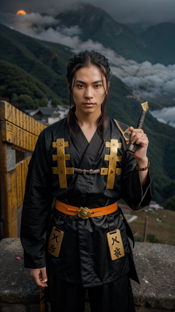 Make a 19 year old Samurai in a black Kimono with orange details , wearing Carbon fiber bracelets with gold and cursed with Runes, yellow pupils containing kanji, hero pose, on top of a mountain with fog.