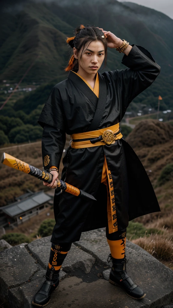 Make a 19 year old Samurai in a black Kimono with orange details , wearing Carbon fiber bracelets with gold and cursed with Runes, yellow pupils containing kanji, hero pose, on top of a mountain with fog.