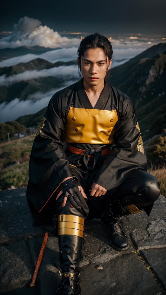 Make a 19 year old Samurai in a black Kimono with orange details , wearing Carbon fiber bracelets with gold and cursed with Runes, yellow pupils containing kanji, hero pose, on top of a mountain with fog.