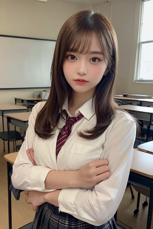 (masterpiece:1.5)、(Realistic:1.5)、(Highest quality:1.4、8k、RAW Photos)、
Ultra-high resolution、Professional Lighting、Perfect dynamic composition、classroom、
Film Grain、chromatic aberration、(Bokeh:1.1)、
Frank、Sophisticated、charm、Surreal、Attention to detail、Golden Ratio、
(1 girl)、Slender girl、Delicate and charming girl、Cute Woman:1.4、
Serious expression、Looking at the audience、Long Hair、
Light brown hair、Shiny Hair、Hairstyle: ponytail、
Realistic looking skin、
Beautiful Eyes、double eyelid、Thin arms、School uniforms、blazer、Dress shirt、skirt、From the waist up
