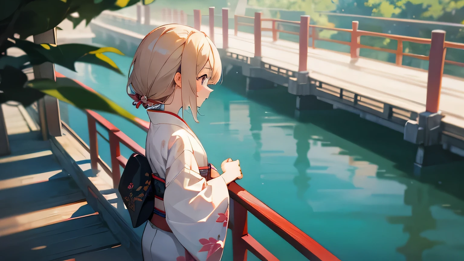 summer, kimono, Japanese Girl, on the bridge