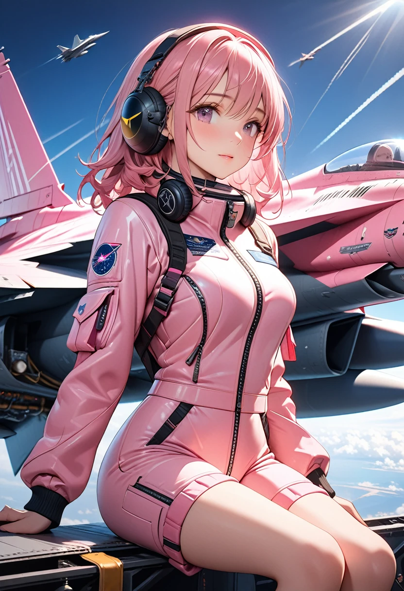 a beautiful girl with cute straight pink hair wearing a ruffled pink shorts style pilot suit, holding a pink helmet under her arm, sitting on the wing of a pink futuristic fighter jet shaped like an F-16, gazing at the sky, the fighter jet painted with a stylish scientific pattern, high quality, high definition, masterpiece, best quality, 4k, 8k, ultra detailed, ultra-fine painting, physically based rendering, cinematic lighting, professional photo resolution