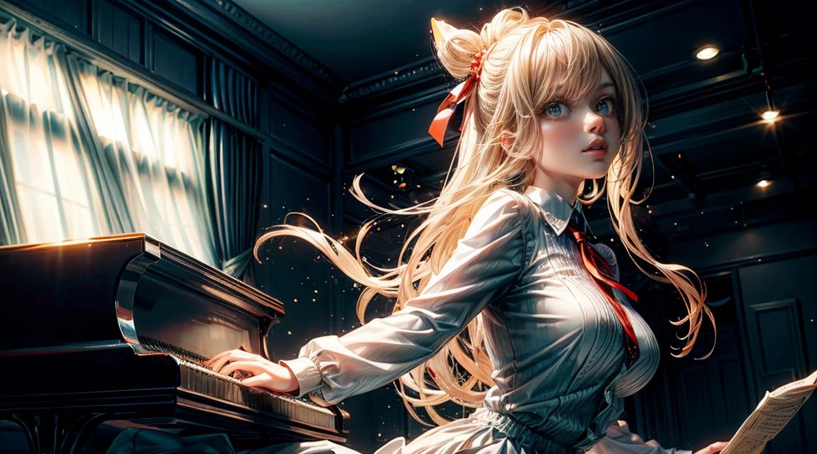 Woman playing piano, 1 girl、Particles of light, White Dress, masterpiece、(Detailed eye features)、(Detailed facial features)、(Detailed clothing features)、shirt、hair band、Red eyes、Skirt、Best、Long sleeve、Blonde、白のshirt、Neck ribbon、襟付きshirt、Black Skirt、黒いBest、From the side、Depth of written boundary、Particles of light、Piano chair, Classical Music, 