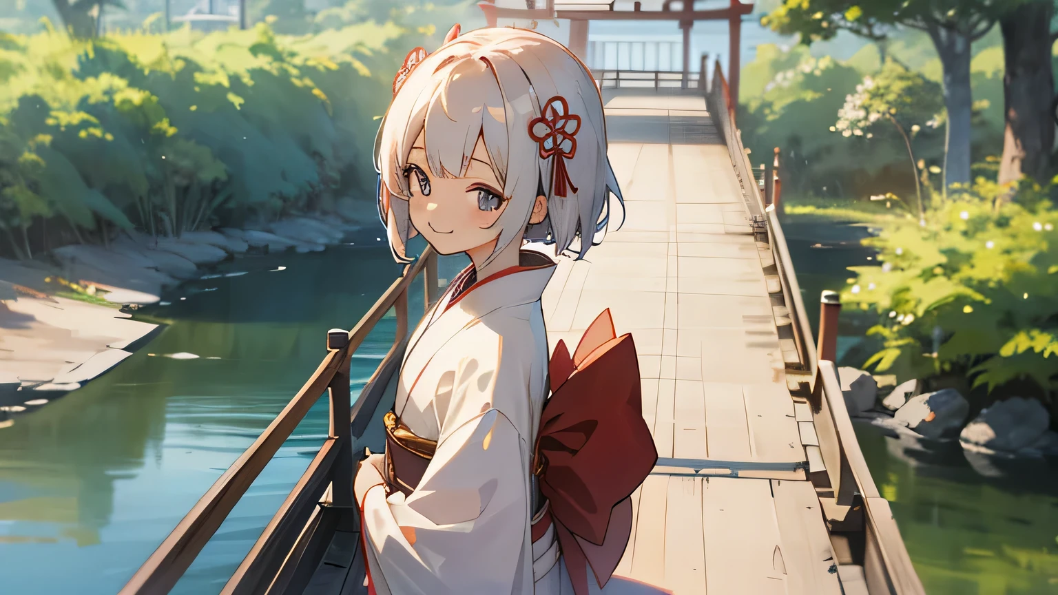 summer, kimono, smile,Japanese Girl, on the bridge
