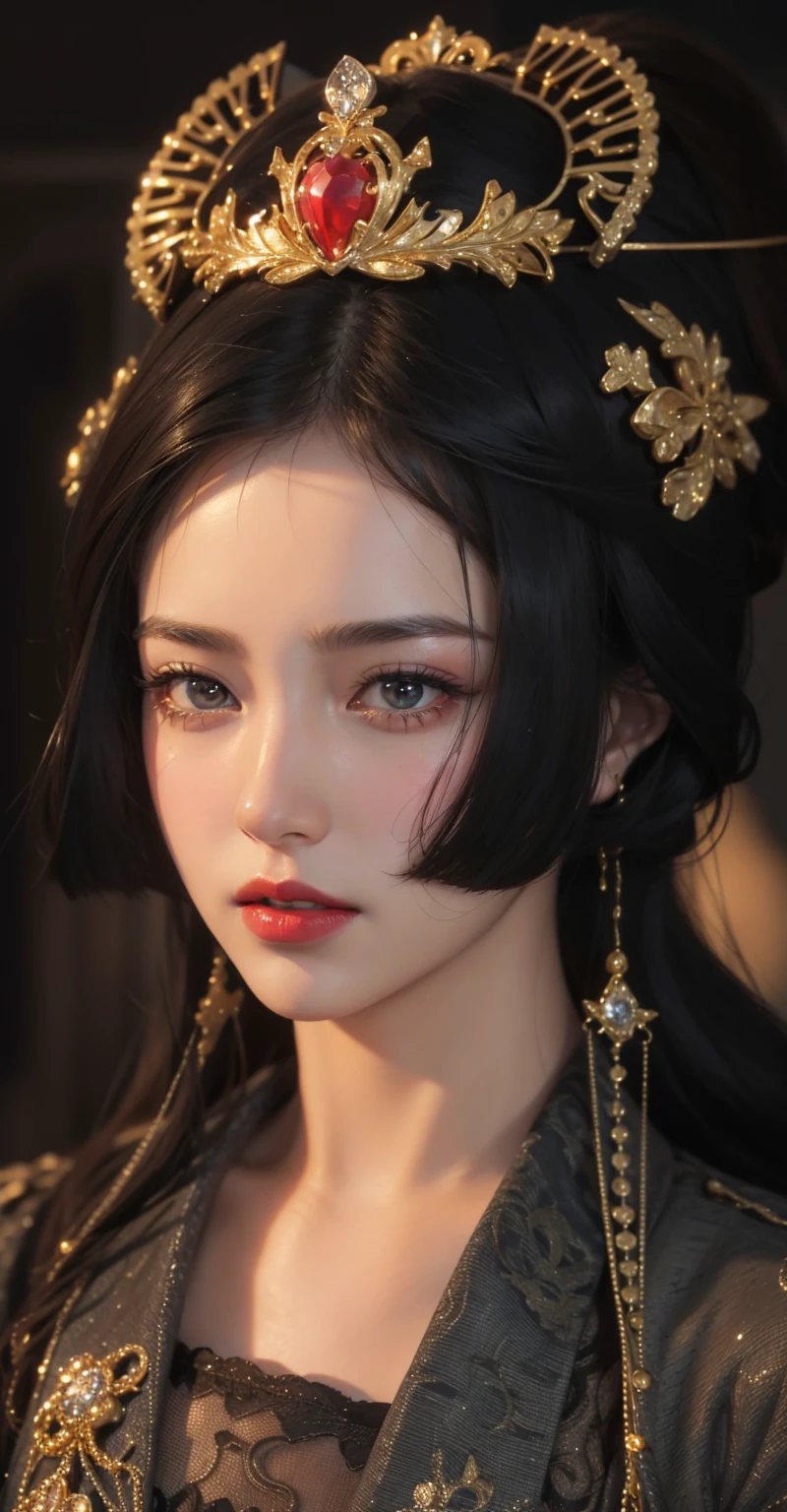 Very detailed, Delicate face, Realistic style, Stock Photography , rich and colorful, Surrealism, Realistic textures, Dramatic Lighting, Distiller 800 (8K, original photo, Better quality, masterpiece: 1.2), Very detailed, (Extremely delicate skin: 1.2), 8K Ultra HD, SLR camera, Soft Light, high quality, 冰冻Queen,, snow castle,Blue pupils,Apply red lipstick,Queen,Gorgeous clothing,gem, diamond, Gold Jewelry,
