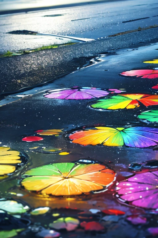 Layered colors and tears - **overview**: The overlapping colors turn into rainbow colors with tears。
- **picture**: Roadside after the rain、A rainbow reflected in a puddle on the ground。

