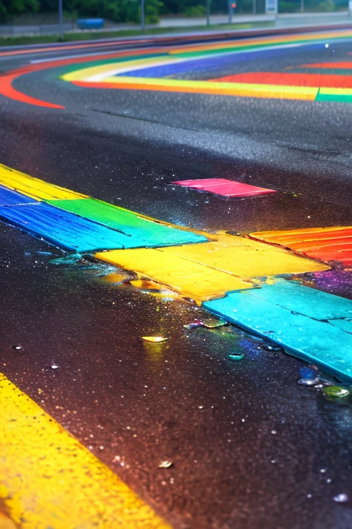 Layered colors and tears - **overview**: The overlapping colors turn into rainbow colors with tears。
- **picture**: Roadside after the rain、A rainbow reflected in a puddle on the ground。

