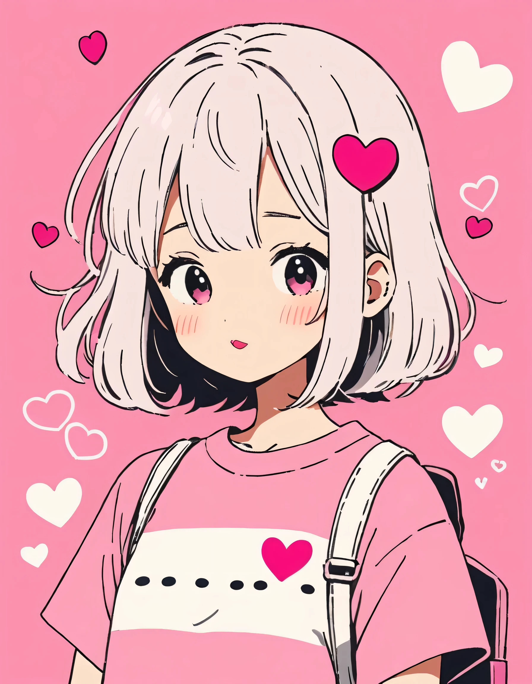 Hayao Miyazaki Pink and White style, Simple Line Initialism,Abstract art,Urban Background, (((The most beautiful girl of all time))), Sweet face. Lips in love, colorful hearts, stylish design, 夏のオシャレなTシャツ, 黒い瞳