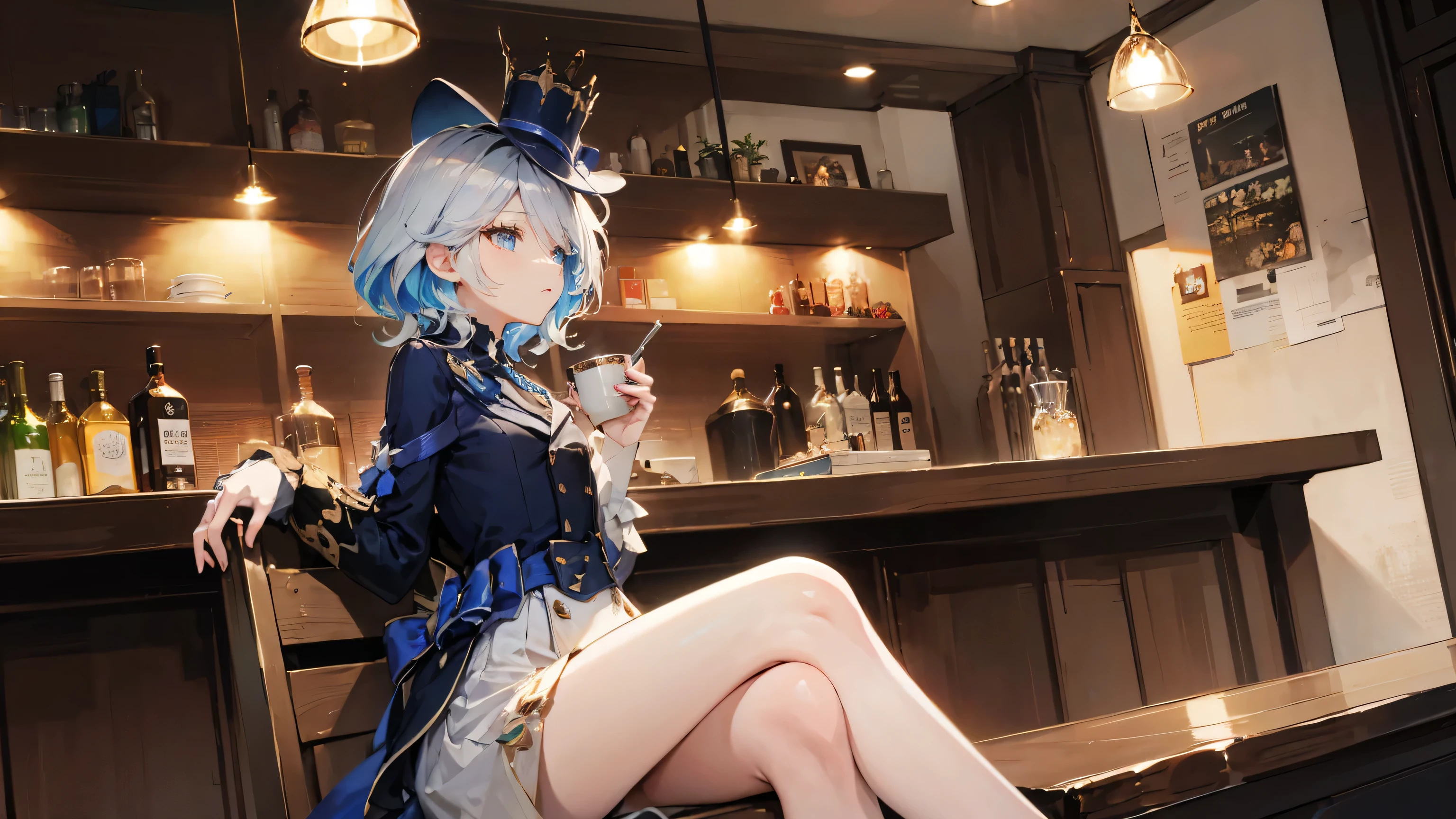 Sitting in a chair、Crossing your legs、Drinking tea、One eye open、Looking at this、tall、Blue Top Hat、bar counter、profile、High angle
