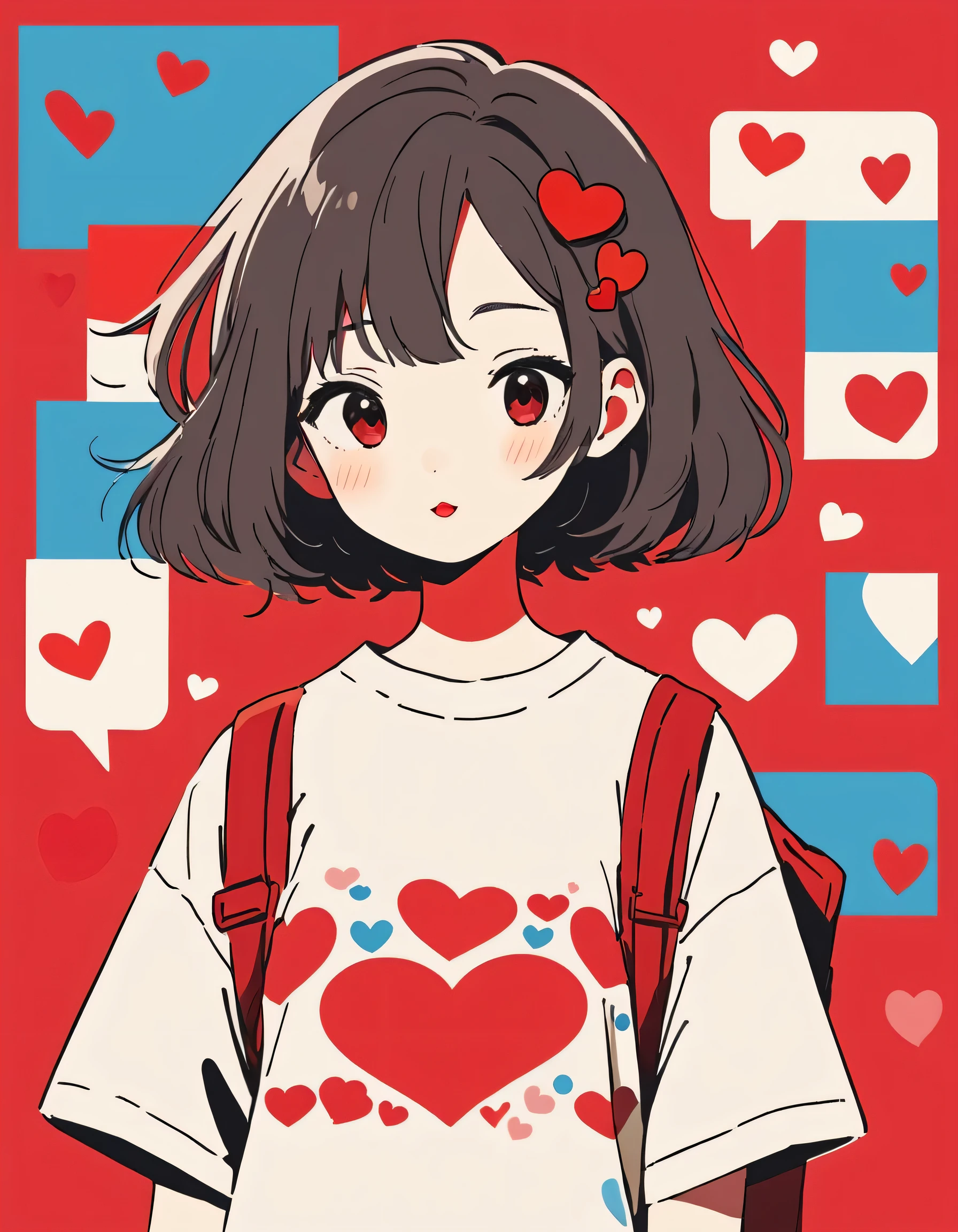 Hayao Miyazaki Red and White style, Simple Line Initialism,Abstract art,Urban Background, (((The most beautiful girl of all time))), Sweet face. Lips in love, colorful hearts, stylish design, 夏のオシャレなTシャツ, 黒い瞳
