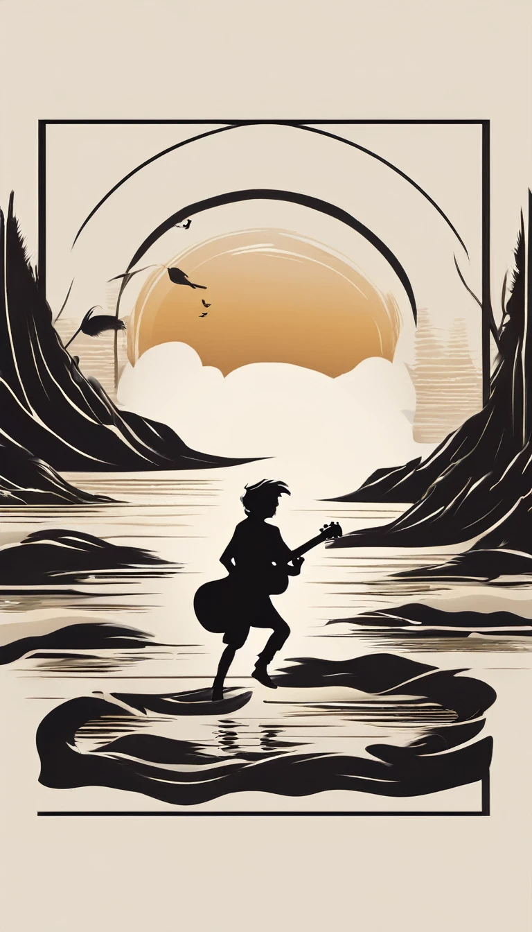 A minimal, modern, simple, cinematic, minimalistic logo design for the brand “Penamemoria". The logo design must be a simple, magical feather and a boy running and holding an acoustic guitar. The logo must convey a sense of music, stories and dreams. Logo design impressed on a book cover. Minimalistic logo