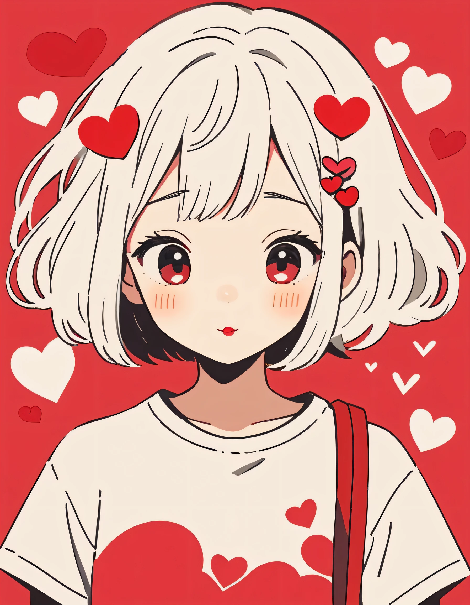 Hayao Miyazaki Red and White style, Simple Line Initialism，Abstract art，Urban Background, (((The most beautiful girl of all time))), Sweet face. Lips in love, colorful hearts, stylish design, 夏のオシャレなTシャツ, 黒い瞳