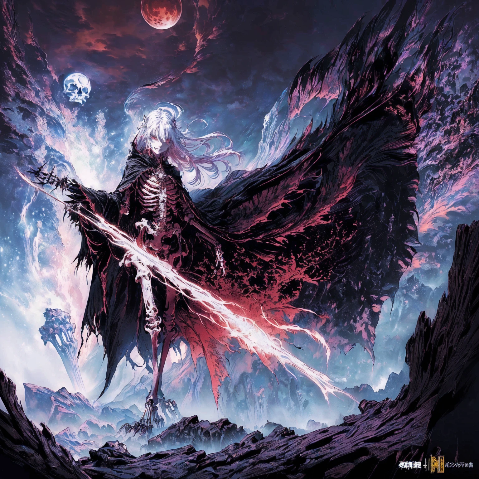 Black hair anime character, Detailed cover design, Anime epic artwork, detailed key anime art, Noah Bradley. Clear focus, dark fantasy artwork, Anime Fantasy Artwork, Official artwork with high detail, Dark Witch Panorama, Fractal Thunder by Dan Mumford, Eric of Melniborn, Lich Vecna (d&d), (full body:1.5), (wide shot:1.2), best quality, 4K, high resolution, (masterpiece:1.2), Very detailed, (current:1.37), (anatomically correct:1.2), Mood lighting, An undead girl in a long cape, black hair, Whole body including hands & arms & Legs & feet are all skeleton bones but except the head is still beautiful human face, Wearing a ragged gothic skirt, Shaded expression, Aloofness emotion, Dangerous sneer, beautiful but cruel smile, Facing the camera, Crucified, Pitch black sky, Blood-red moon, strange atmosphere, Gothic style, Unforgettable beauty, Dramatic shadows, Ethereal Light, Mysterious atmosphere