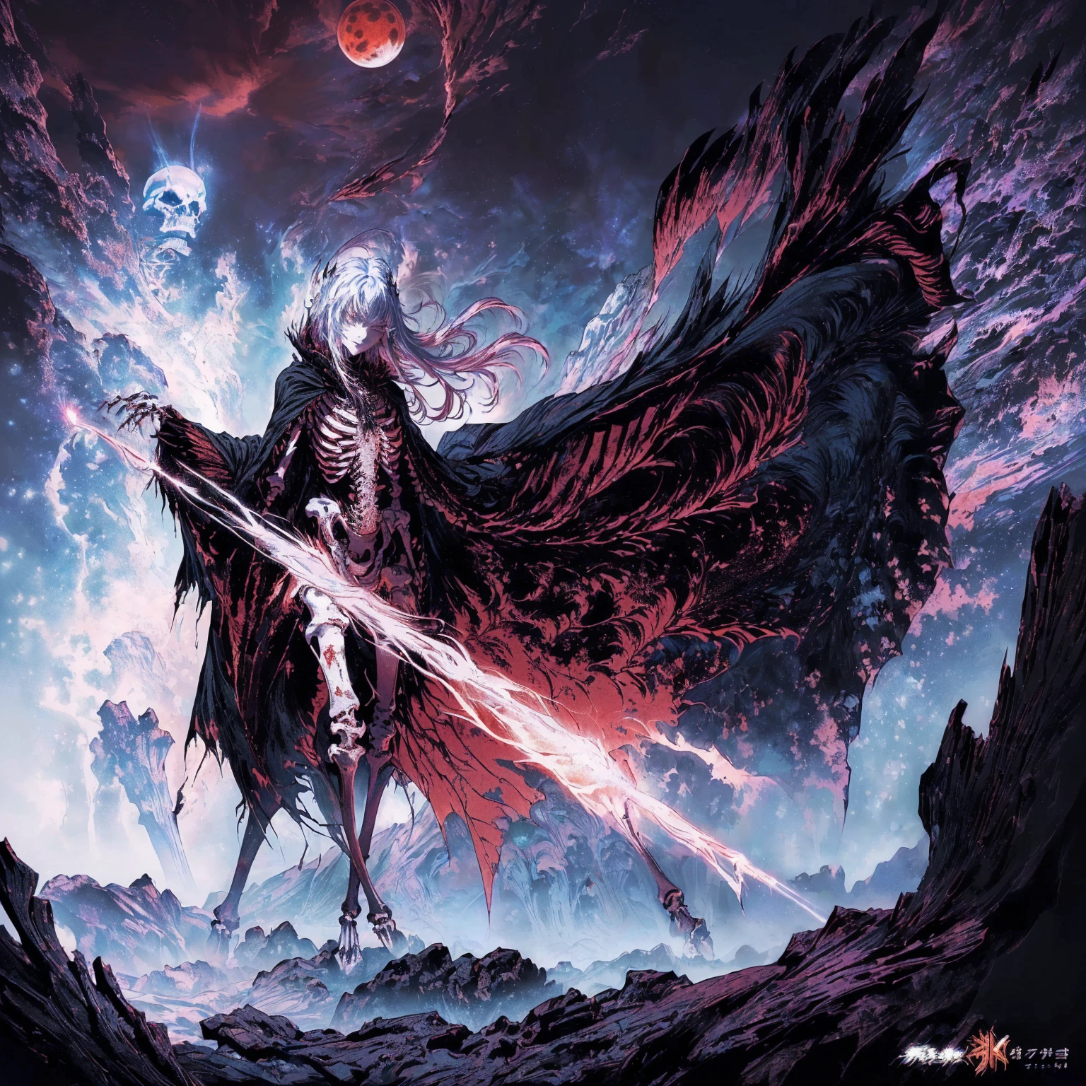 Black hair anime character, Detailed cover design, Anime epic artwork, detailed key anime art, Noah Bradley. Clear focus, dark fantasy artwork, Anime Fantasy Artwork, Official artwork with high detail, Dark Witch Panorama, Fractal Thunder by Dan Mumford, Eric of Melniborn, Lich Vecna (d&d), (full body:1.5), (wide shot:1.2), best quality, 4K, high resolution, (masterpiece:1.2), Very detailed, (current:1.37), (anatomically correct:1.2), Mood lighting, An undead girl in a long cape, black hair, Whole body including hands & arms & Legs & feet are all skeleton bones but except the head is still beautiful human face, Wearing a ragged gothic skirt, Shaded expression, Aloofness emotion, Dangerous sneer, beautiful but cruel smile, Facing the camera, Crucified, Pitch black sky, Blood-red moon, strange atmosphere, Gothic style, Unforgettable beauty, Dramatic shadows, Ethereal Light, Mysterious atmosphere