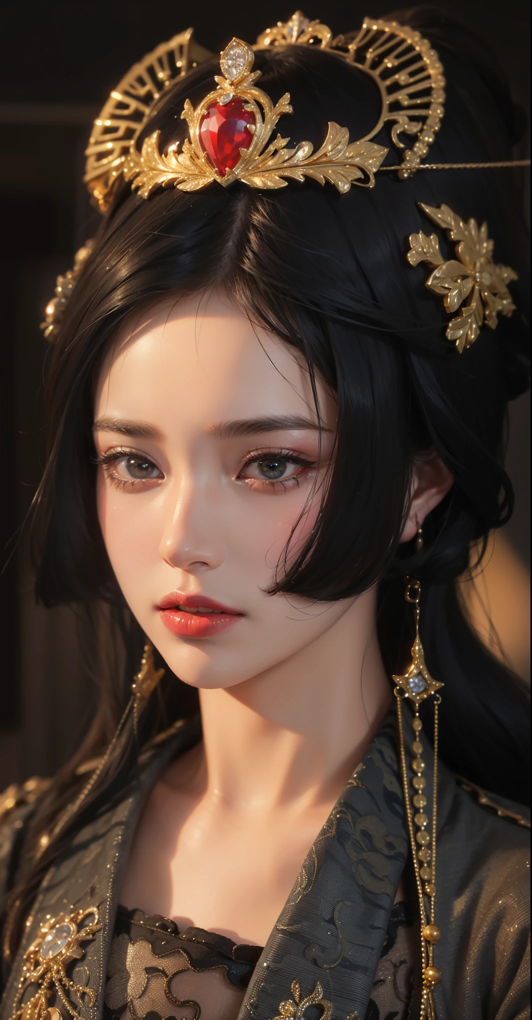 Very detailed, Delicate face, Realistic style, Stock Photography , rich and colorful, Surrealism, Realistic textures, Dramatic Lighting, Distiller 800 (8K, original photo, Better quality, masterpiece: 1.2), Very detailed, (Extremely delicate skin: 1.2), 8K Ultra HD, SLR camera, Soft Light, high quality, 冰冻Queen,, snow castle,Blue pupils,Apply red lipstick,Queen,Gorgeous clothing,gem, diamond, Gold Jewelry,