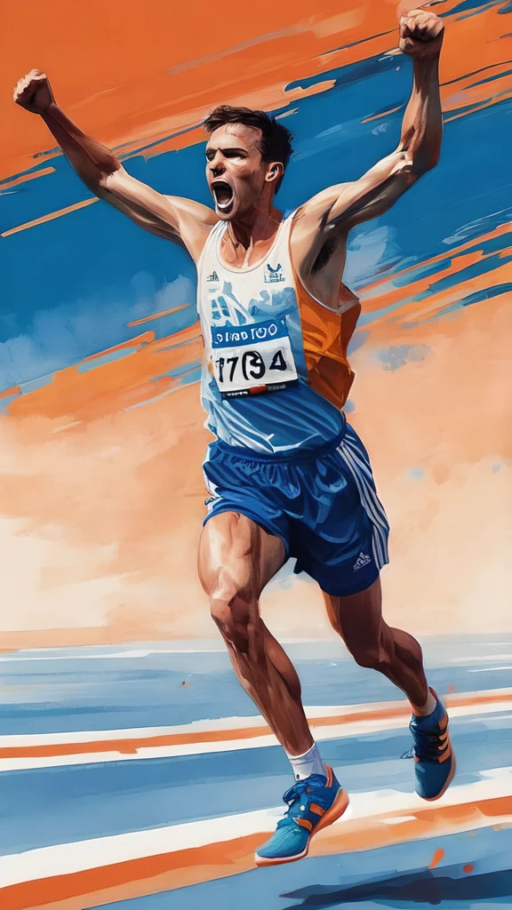 painting of a man running on a track with his arms in the air, aykut aydogdu eric zener, eric zener aykut aydogdu, sergey vasnev, adidas painting, stefan koidl, in style of kyrill kotashev, alexey egorov, inspired by Alexander Deyneka