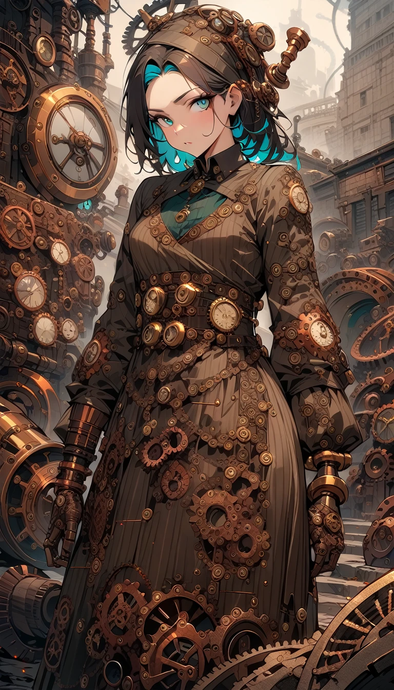 ((best quality)) , ((masterpiece)) , (detailed),Color splash, Ghostly Astronaut (Li Gong:1.3) , wearing Shabby Chic Wrap dress, has metallic plating, Colored hair, Fossil fuel power station in background,(((steampunk style . antique, mechanical, brass and copper tones, gears, intricate, detailed)))