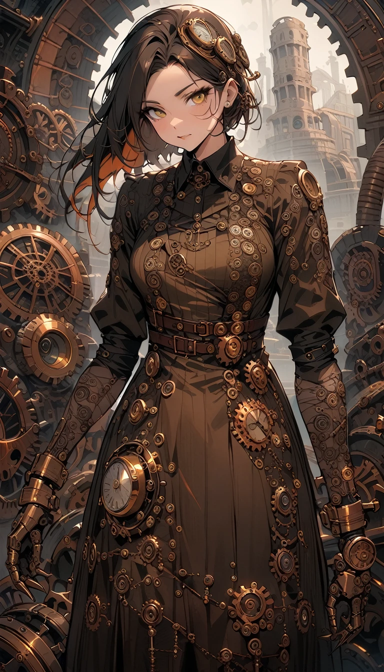 ((best quality)) , ((masterpiece)) , (detailed),Color splash, Ghostly Astronaut (Li Gong:1.3) , wearing Shabby Chic Wrap dress, has metallic plating, Colored hair, Fossil fuel power station in background,(((steampunk style . antique, mechanical, brass and copper tones, gears, intricate, detailed)))