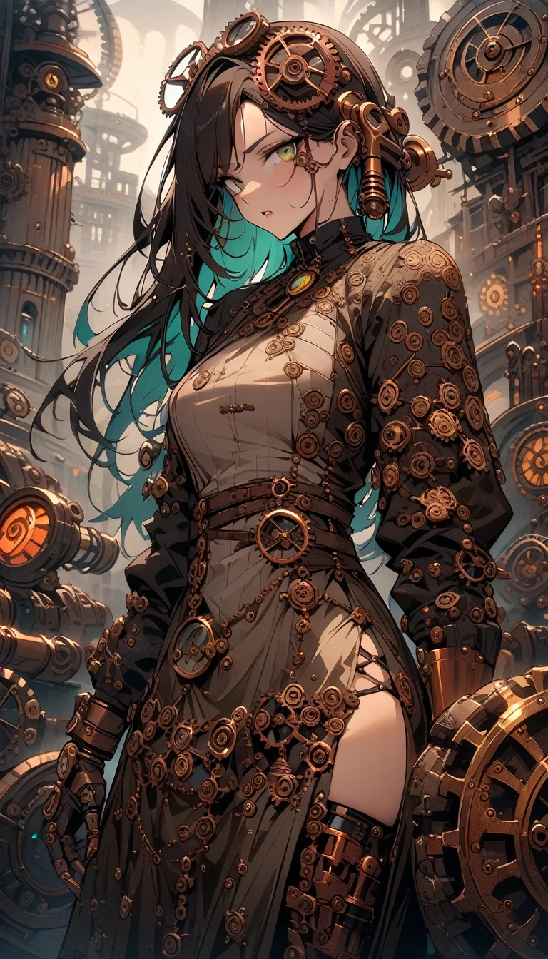 ((best quality)) , ((masterpiece)) , (detailed),Color splash, Ghostly Astronaut (Li Gong:1.3) , wearing Shabby Chic Wrap dress, has metallic plating, Colored hair, Fossil fuel power station in background,(((steampunk style . antique, mechanical, brass and copper tones, gears, intricate, detailed)))