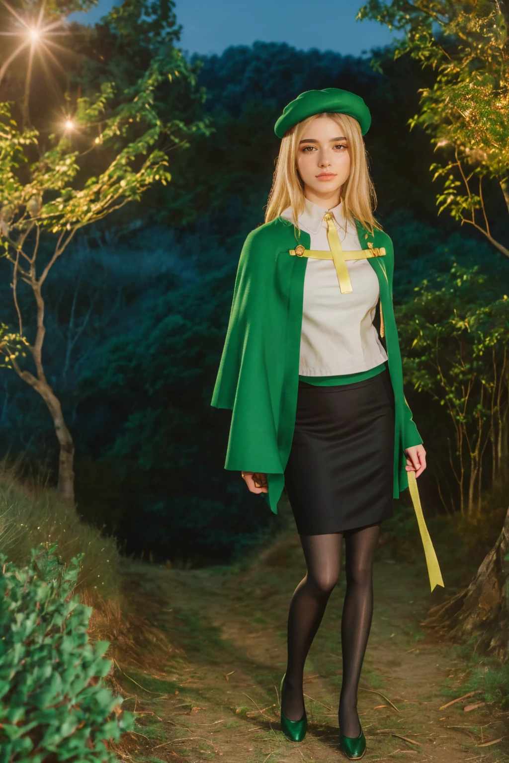 1 girl, best quality, ((Miyo)), tarankaaa, perfect face, beautiful smile, 30 years old, ((ascot,uniform, black skirt, cross, ribbon, gold blonde hair, emerald, beret, cape, pantyhose)), ((perfectly drawn hands)), perfect body, bare tree, bush, fog, forest, grass, nature, outdoors, plant, scenery, solo, standing, tree, 32k photograph, ((perfect eyes, detailed eyes,realistic eyes)), ((sharp face, detailed face, realistic face, natural skin, realistic skin, detailed skin, pores)), full body, tone mapping, asian-european, ((masterpiece)), ((highres)), ((detailed background)), japanese village background, night, big proportions, (abdomen is covered)