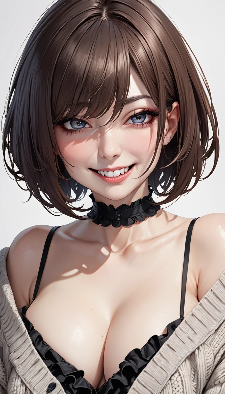 beautiful woman, cool and sadistic, amorous and lewd face, evil smile, teasing smile, grin, lewd smile, big tareme, droopy eyes, huge mouth, make-up, messy short hair, great proportion, loose size cardigan, ruffle skirt, choker, (ultra detailed, absolutely resolution, best quality:1.3), 2.5D, delicate and dynamic, shading effects, hyper realistic, artistic photography, graphic CG digital art