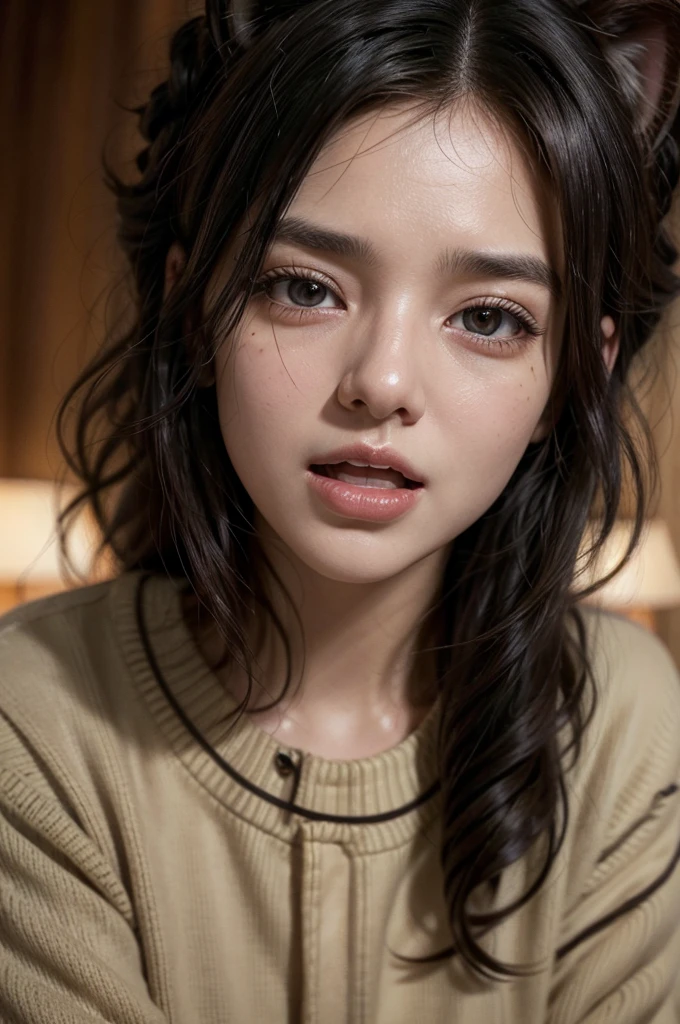 Lady with realistic dingo ears, black curly hair, brown sweater, singing passionately, video zooming in on expressive face, high detail, sharp focus, soft shadows, cinematic, intimate atmosphere, warm lighting, subtle background blur, dynamic closeup shot, rendered by octane hd