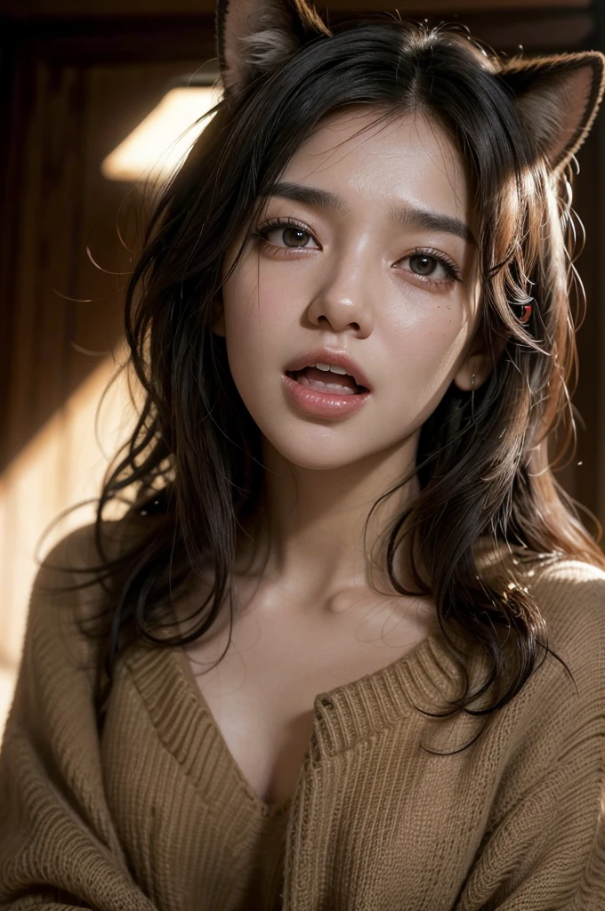 Lady with realistic dingo ears, black curly hair, brown sweater, singing passionately, video zooming in on expressive face, high detail, sharp focus, soft shadows, cinematic, intimate atmosphere, warm lighting, subtle background blur, dynamic closeup shot, rendered by octane hd