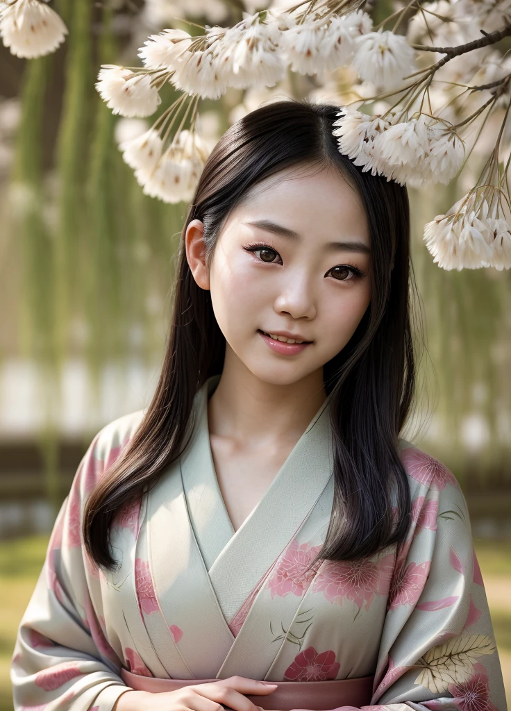 A young Japanese girl in a kimono, standing under a weeping willow tree, smiling, beautiful detailed eyes, beautiful detailed lips, extremely detailed eyes and face, long eyelashes, photorealistic, portrait, natural lighting, muted color palette, cinematic composition, soft focus, masterpiece