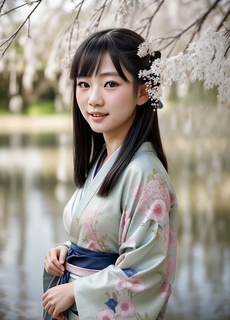 A young Japanese girl in a kimono, standing under a weeping willow tree, smiling, beautiful detailed eyes, beautiful detailed lips, extremely detailed eyes and face, long eyelashes, photorealistic, portrait, natural lighting, muted color palette, cinematic composition, soft focus, masterpiece