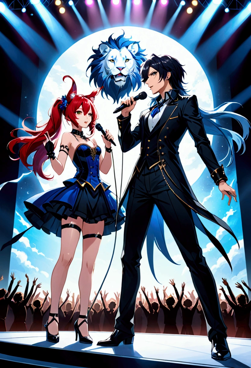 An anime-style illustration of a visual kei band on stage, featuring a male singer and a female musician. The male singer has round lion ears and a mane, with sharp, piercing eyes and narrow pupils. He holds a microphone and sings passionately, pointing upwards with one hand. The female musician has rabbit ears and is dressed in a stunning dress, playing an electronic violin. Both characters should appear around 20 years old. They are standing back-to-back, creating a striking and dynamic composition. The scene should be vibrant and full of energy, capturing the charismatic and stylish essence of the visual kei band. The performers should have a cool, edgy appearance, with the stage set in a glamorous and dramatic atmosphere. Ensure the image is high resolution and high definition, highlighting the unique features of the characters and their electrifying stage presence.