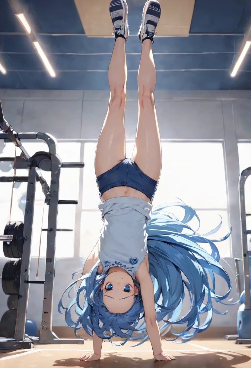 (Battle Festival style) ((beautiful frying Handstand Kick)), (solo:2, 15 yo), (beautiful forehead), (beautiful detailed blue hair long hair), (best cute girl, immensely cute blue eyes, smile, small tits), in a tank top, hot pants, break, in the gym, BREAK, perfect anatomy, masterpiece, best quality, 16k, beautiful detailed grow, daydreaming expression.