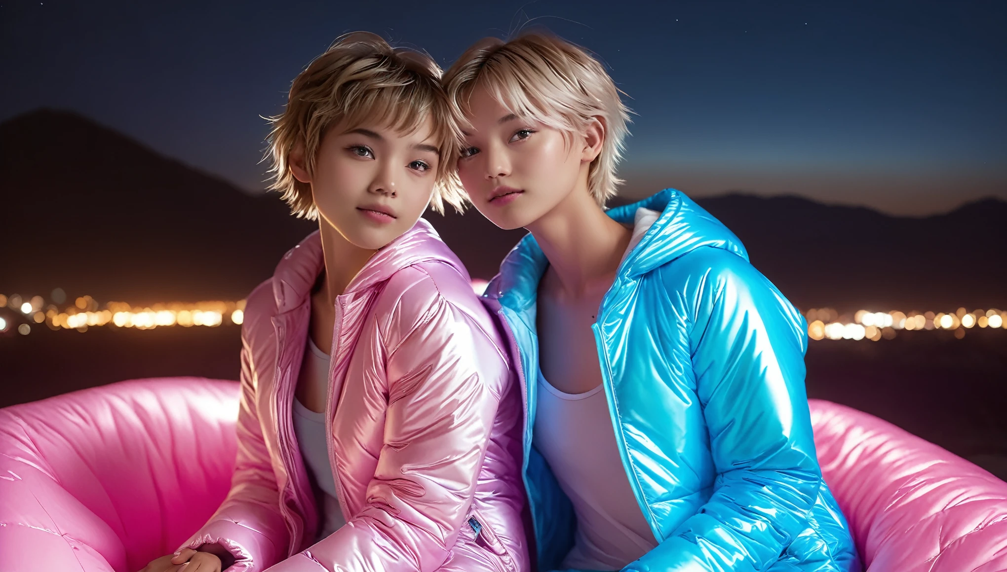 Top Quality, Masterpiece, High Resolution, 8k, ((2 cute girls kissing in a light pink blue open shiny puffer with plunging neckline, short sleeves, wide neckline, deep neckline, small perky breasts, extremely detailed face, detailed slightly open eyes, beautiful detailed lips, short asymmetrical pixie hair, small hips)), in a spaceship, on bed, intricate details, at night, backlit, random neon color, full body shot, view from distance, random pose