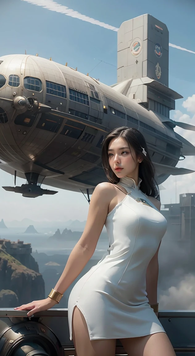 there is a woman in a futuristic dress standing in front of a bunch of people, large dieselpunk flying airships, dribbble, inspired by Gil Elvgren, fantasy paladin woman, inspired by Mark Brooks, [ bubbles, portrait of helen of troy, sci - fi : :, golden armour  